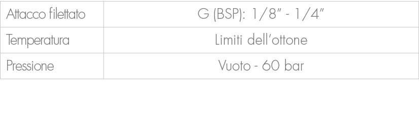 Attacco filettato,G (BSP): 1/8” 1/4”,Temperatura,Limiti dell’ottone,Pressione,Vuoto 60 bar 
