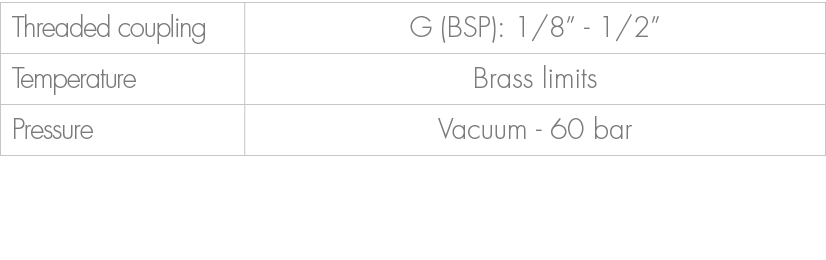 Threaded coupling,G (BSP): 1/8” 1/2”,Temperature,Brass limits,Pressure,Vacuum 60 bar 