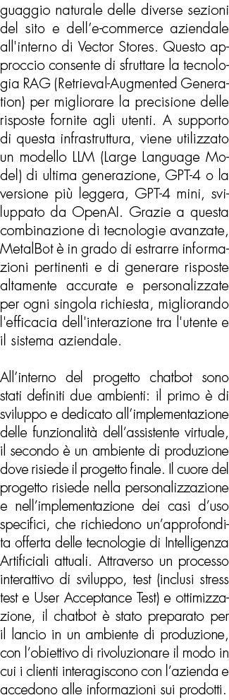 guaggio naturale delle diverse sezioni del sito e dell’e commerce aziendale all'interno di Vector Stores. Questo appr...